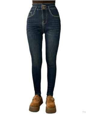 Fleece-Lined Thickened Jeans High-Waisted Stretch Slim-Fit Winter Pants